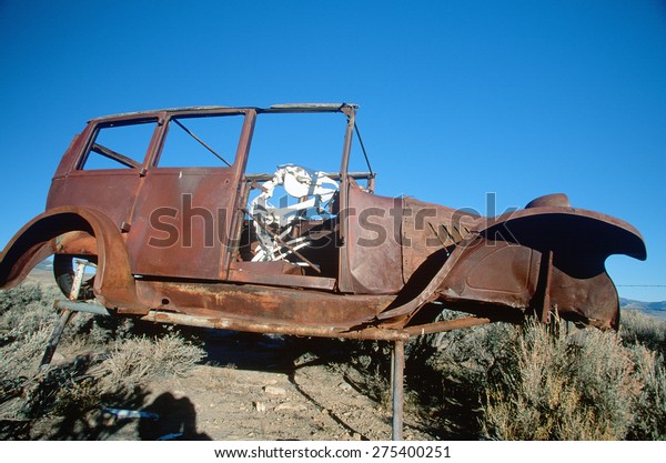A deserted car with a cow skeleton\
driving in the Great Basin National Park,\
Nevada