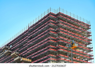 Deserted Huge Scaffolding On Building Restoration Site