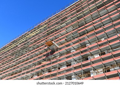 Deserted Huge Scaffolding On Building Restoration Site