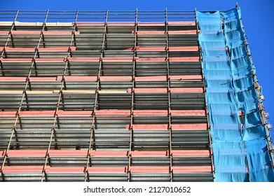 Deserted Huge Scaffolding On Building Restoration Site