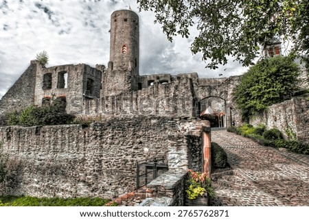 The deserted ruins of the inner bailey of Eppstein Castle in the Taunus mountains, Hesse, featuring the keep, the great hall and the castle courtyard