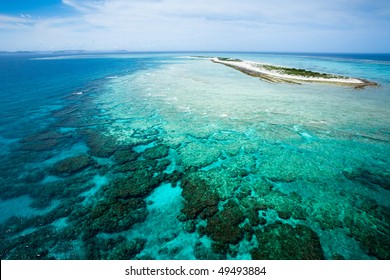 Deserted Tropical Island And Coral Reef From Above, Okinawa, Japan