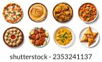 Desi, Indian traditional food set, top view. pizza, hummus, biryani, chicken curry, momos, tikka, korma, samosas. Food collection set isolated on white background. Ramadan iftar food collection set. 
