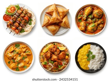 Desi, Indian traditional food set, top view. Ramadan Kareem Iftar food collection. Chicken curry, dal with rice, butter chicken, samosas, spicy biryani, seekh kebab with naan. Many different dishes. - Powered by Shutterstock