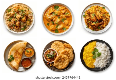 Desi traditional Indian and Pakistani food assortment collection, set. Chicken biryani, pulao, butter chicken, masala dosa, chole bhature, dal and rice. Top view of Asian cuisines, top view plates set