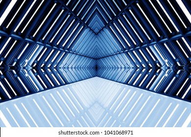 Design Of Architecture Metal Structure Similar To Spaceship Interior. Abstract Modern Architecture In Blue Tone Photo.