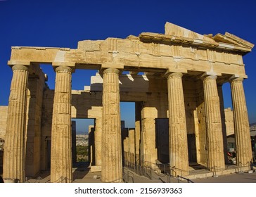 The design of Athens monumental propylaea gate in Akropolis, Greece on sunny day