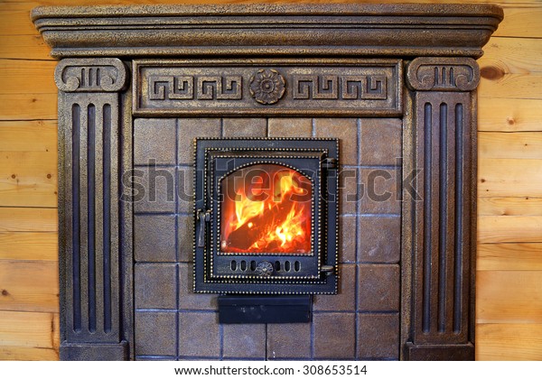 Design Burning Fireplace Cast Iron Door Stock Photo Edit Now