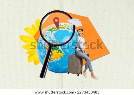 Design collage advert of girl baggage interested magnifier explore new geotag globus paper plane low cost trip isolated on grey background