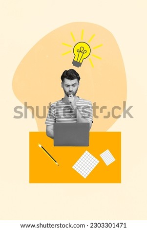 Design collage picture of young serious man thoughtful touch chin watch his netbook eureka idea write notes isolated on yellow background