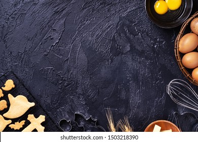 Design Concept Of Making Halloween Cookies, Baking Recipe Ingredients Layout Of Preparing Party, Top View, Flat Lay, Overhead, Blank Copy Space.