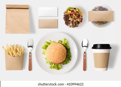 Design concept of mock up burger and coffee set on white background. Copy space for text and logo.