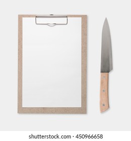 Design Concept Of Mockup Clip Board And Knife Set Isolated On White Background. Copy Space For Text And Logo. Clipping Path Included On White Background.