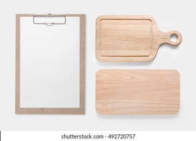 Design concept of mockup clip board and cutting board set isolated on white background. Copy space for text and logo. Clipping Path included on white background.