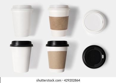 Design Concept Of Mockup Coffee Cup Set And Lid Set On White Background. Copy Space For Text And Logo. Clipping Path Included On White Background.