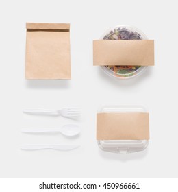 Design Concept Of Mockup Salad, Bag And Container Box Set Isolated On White Background. Copy Space For Text And Logo. Clipping Path Included On White Background.