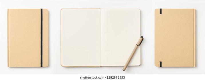 Design Concept - Top View Of Kraft Paper Notebook, White Page And Pencil Isolated On Background For Mockup