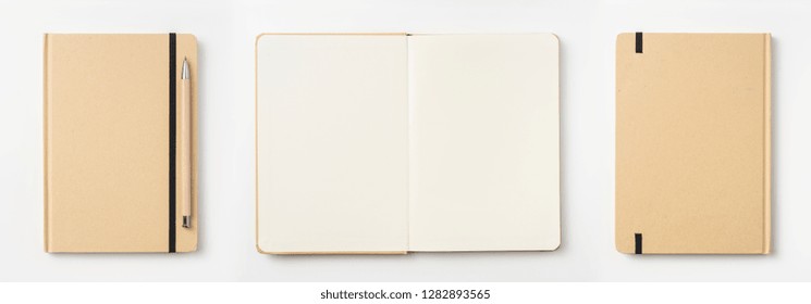 Design Concept - Top View Of Kraft Paper Notebook, White Page And Pencil Isolated On Background For Mockup