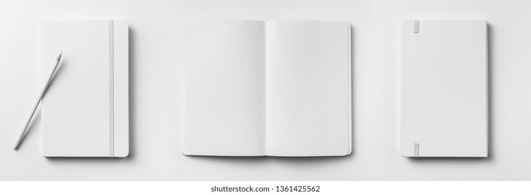 Design Concept - Top View Of Open And Close White Notebook With Elastic Band, Blank Page And Wooden Pencil Isolated On White Background For Mockup. Real Photo, Not 3D Render