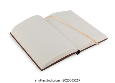 Design Concept - Top View Of Open Page Of Paper Notebook With Fabric Bookmark Between Pages, Isolated On White Background For Mockup. A Real Photo Of A Paper Notebook, Not A 3D Render.