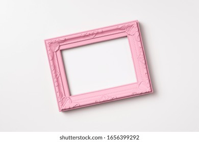 Design Concept - Top View Of Pink Vintage Wood Photo Frame Isolated On White Background For Mockup, It's Real Photo, Not 3D Render