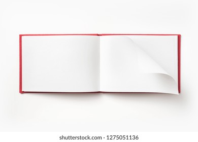 Design Concept - Top View Red Hardcover Notebook With Open & Flip Curl Rolled Page Isolated On Background For Mockup