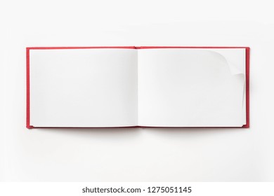 Design Concept - Top View Red Hardcover Notebook With Open & Flip Curl Rolled Page Isolated On Background For Mockup