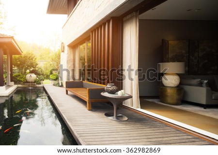 design and deco of rest place near entrance of house with sunbeam