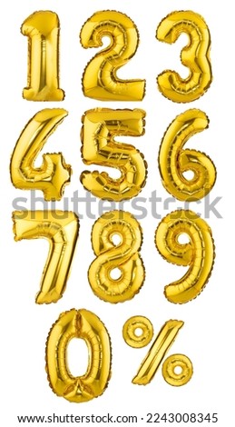 design element. golden balloons numbers 0-9 and percent sign Isolated on white background.