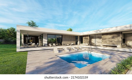 Design house - modern villa with open plan living and private bedroom wing. Large terrace with privacy thanks to the house, swimming pool. Small covered terrace for sauna and relaxation. 