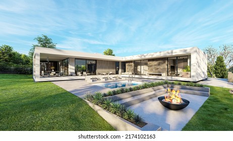 Design house - modern villa with open plan living and private bedroom wing. Large terrace with privacy thanks to the house, swimming pool. Small covered terrace for sauna and relaxation.  - Shutterstock ID 2174102163