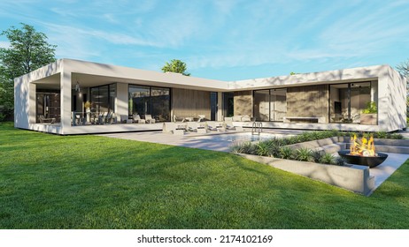 Design house - modern villa with open plan living and private bedroom wing. Large terrace with privacy thanks to the house, swimming pool. Small covered terrace for sauna and relaxation.  - Powered by Shutterstock