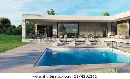 Design house - modern villa with open plan living and private bedroom wing. Large terrace with privacy thanks to the house, swimming pool. Small covered terrace for sauna and relaxation. 