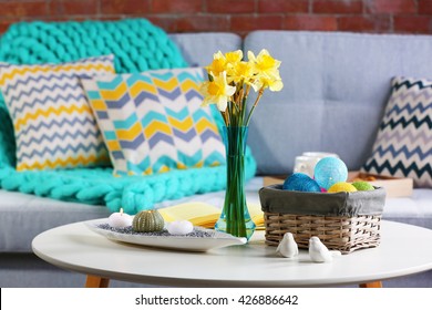 Design Interior Of Living Room With Fresh Narcissus Flowers