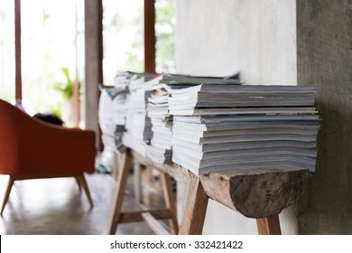 Design Of Interior Living Room, Stack Of Magazine Books On Wooden Table Shelf