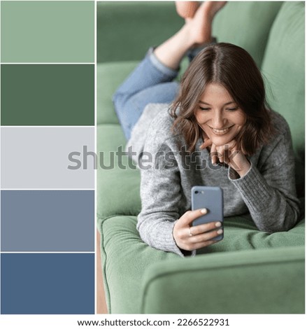 Design palette inspired by beautiful young woman in grey sweater and jeans on green sofa . Designer pack with photo and swatches. Harmonious warm colour combination: blue, green