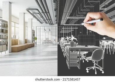 Design project development with 3D visualization of sunny industrial open space office with sofa on concrete floor and lattice glass walls and man hand making sketch of workspaces and bicycle