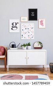 Design Scandinavian Home Interior Of Open Space With Mock Up Posters Gallery Wall, White Shelf, Chair, Plants And Elegant Accessories. Gray Background Walls. Retro Cozy Home Decor. Template.