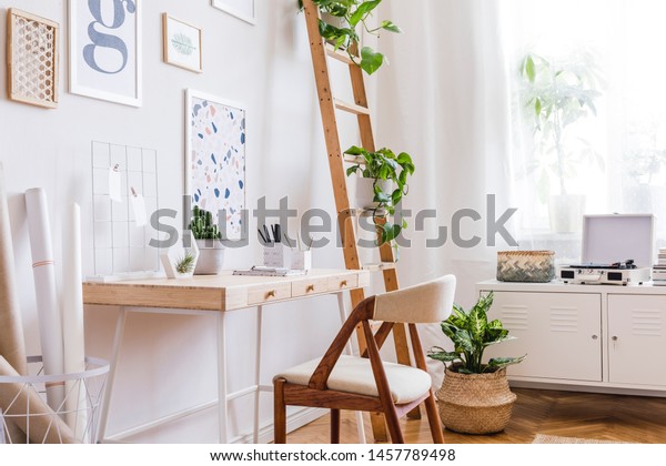Design Scandinavian Interior Home Office Space Stock Photo