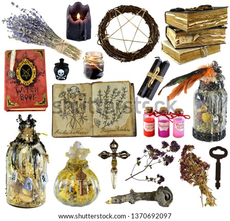 Design set with witch book, magic bottle, herbs, black candle isolated on white. Wicca, esoteric, divination and occult concept with vintage magic objects for mystic rituals