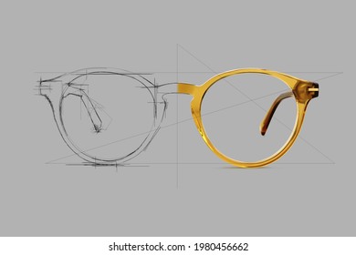 Design sketch draft beige color eye glasses isolated on gray background, ideal photo for display or advertising sign or for a web banner - Shutterstock ID 1980456662