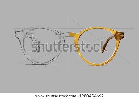 Design sketch draft beige color eye glasses isolated on gray background, ideal photo for display or advertising sign or for a web banner
