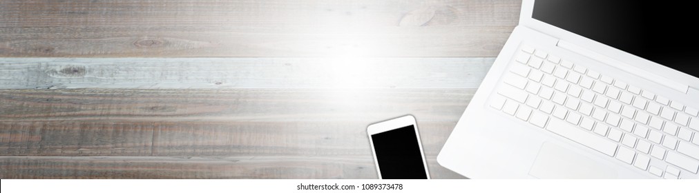 Design Of Standard Horizontal Web Banners With Space For Text - Top View Computers And Mobile On Wooden Table Background