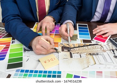 design team working at office under house project. Apartament scetch with color palette. Modern sweet home. - Shutterstock ID 1674516238