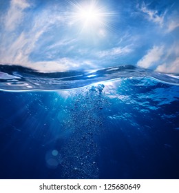 design template with underwater part and sunset skylight splitted by waterline - Shutterstock ID 125680649