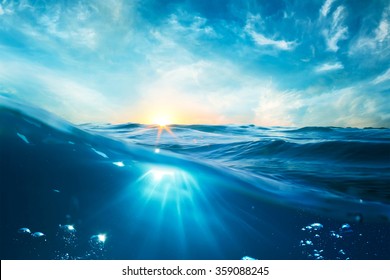 design template with underwater part and sunset skylight splitted by waterline  - Shutterstock ID 359088245