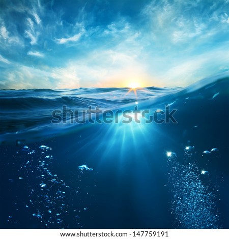 design template with underwater part and sunset skylight splitted by waterline 