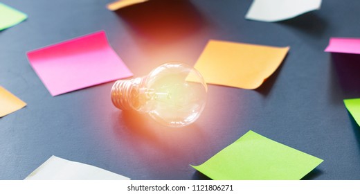 Design Thinking And A Light Bulb As The Big Idea Concept In Business. A Photo Can Illustrate Publications About The Creative Approach When Searching For An Idea For A Startup
