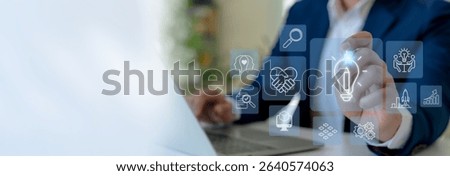 Design Thinking Process concept. Interacting with virtual icons of the design thinking process, a solution-focused, problem-solving methodology used for innovation and strategic development.