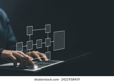 design workflow automation with flowcharts. businessman using computer show diagram algorithm flow, organigram, hierarchy scheme. model structure digital and data management and Business process